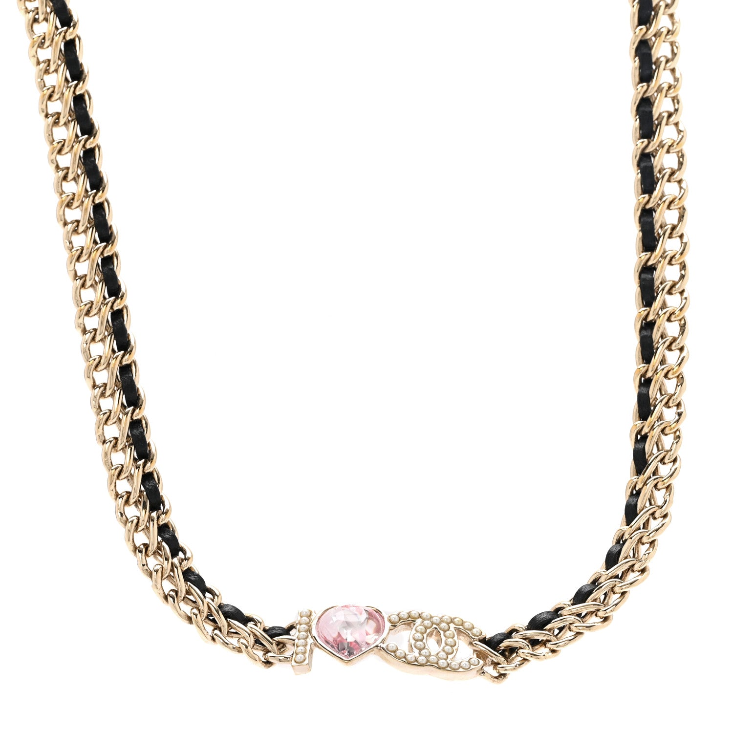 Chanel Metal Lambskin Crystal I Heart CC Choker Necklace Gold Black 1 of 6