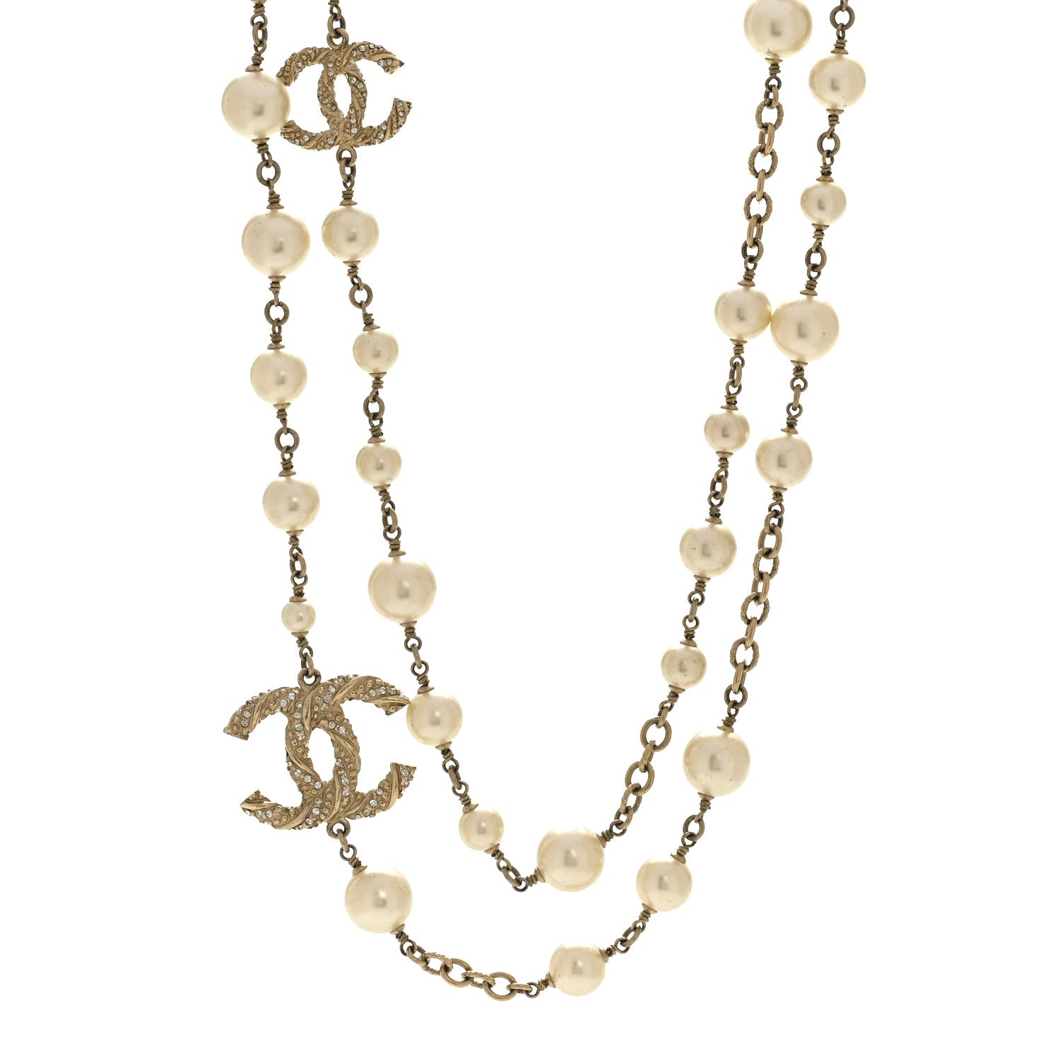 Chanel Graduated Pearl Crystal Twisted CC Long Necklace Gold 1 of 7