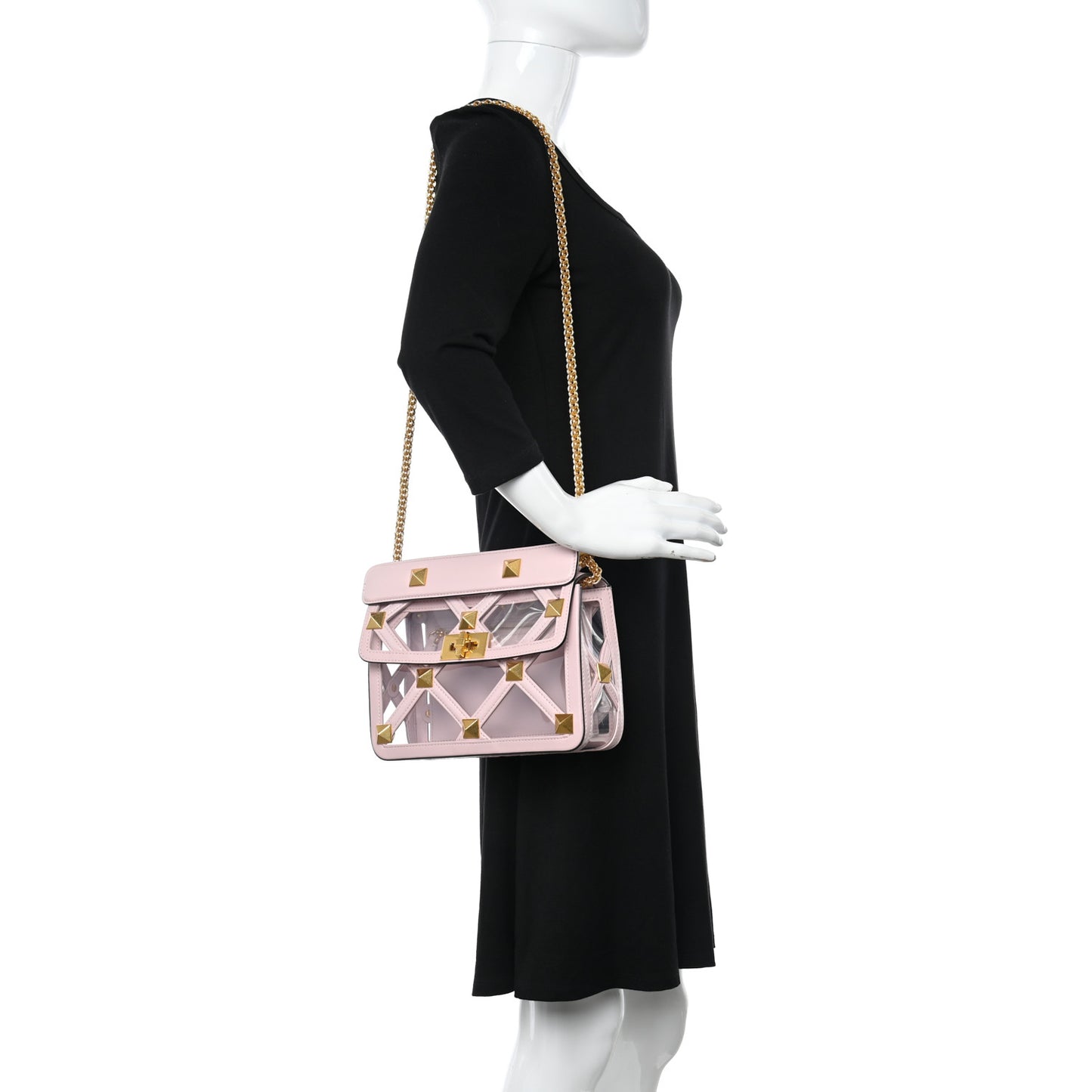 PVC Calfskin Medium Roman Stud Shoulder Bag Transparent Rose Quartz