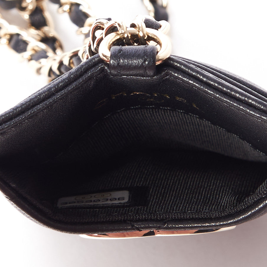 Lambskin Quilted Glitter Card Holder On Chain Black