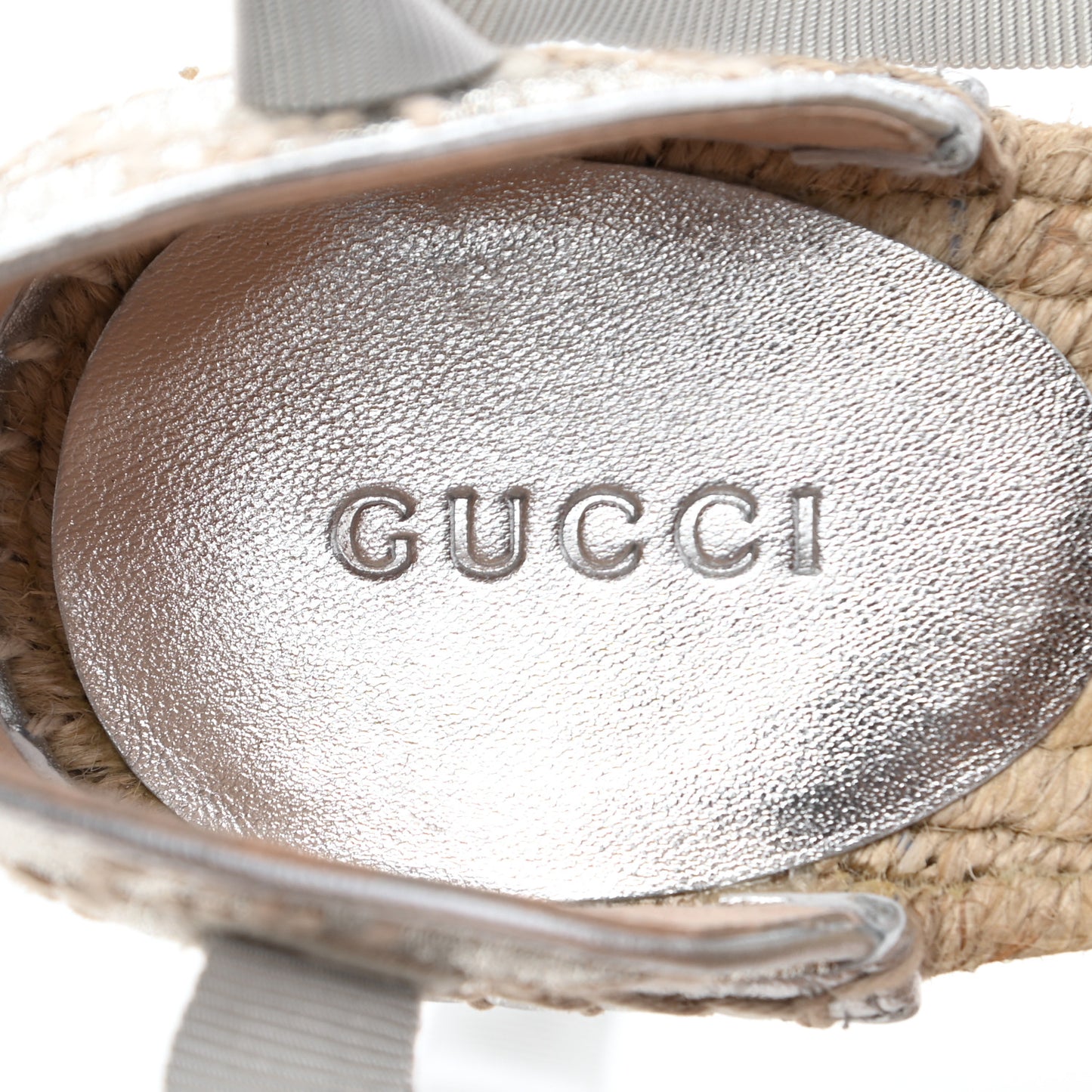 Lame GG Monogram Ankle Wrap Platform Espadrille Wedges 35.5 Silver Beige Light Grey