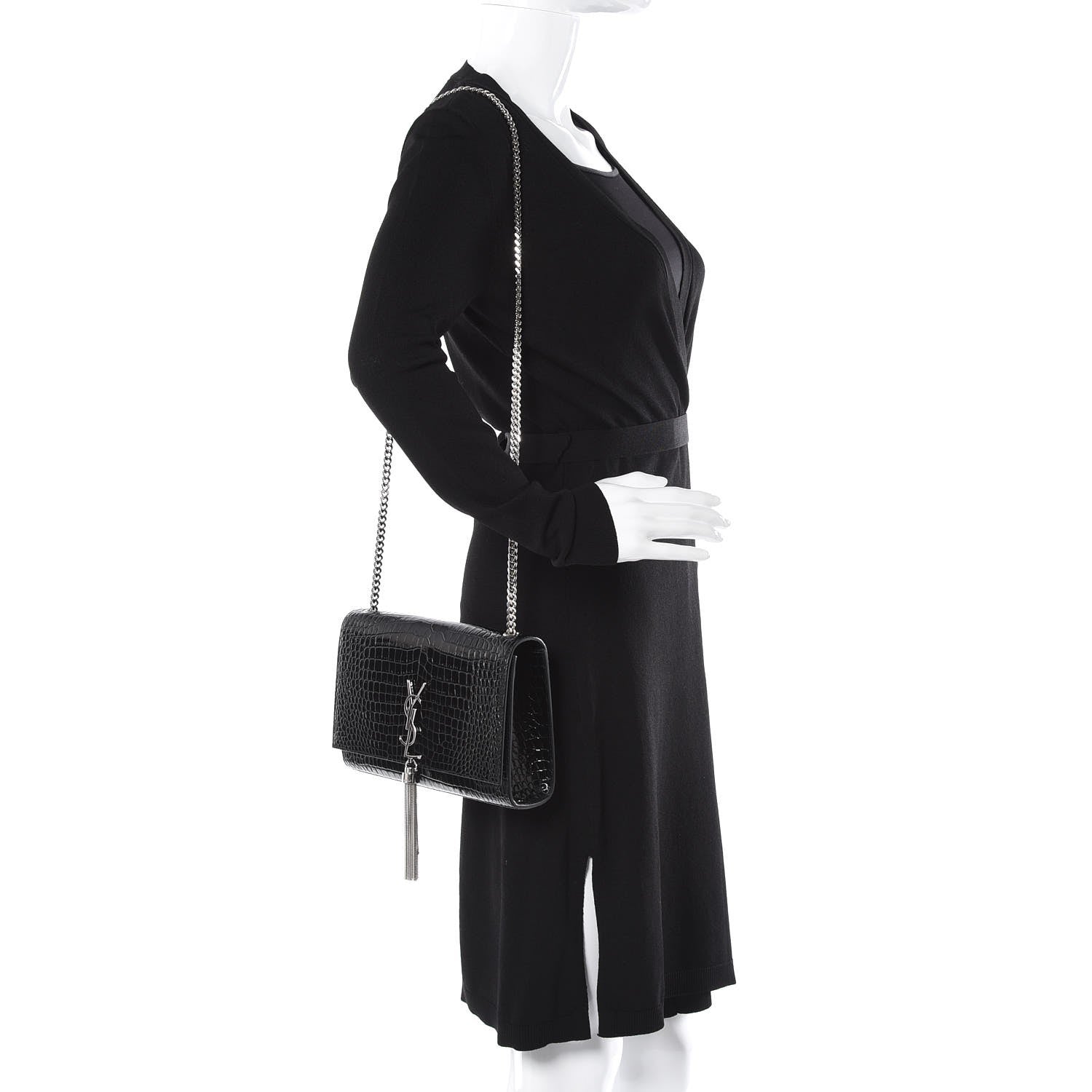 Saint Laurent Calfskin Crocodile Embossed Medium Classic Monogram Kate Tassel Satchel Black 2 of 8