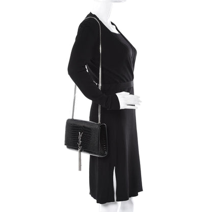Saint Laurent Calfskin Crocodile Embossed Medium Classic Monogram Kate Tassel Satchel Black 2 of 8