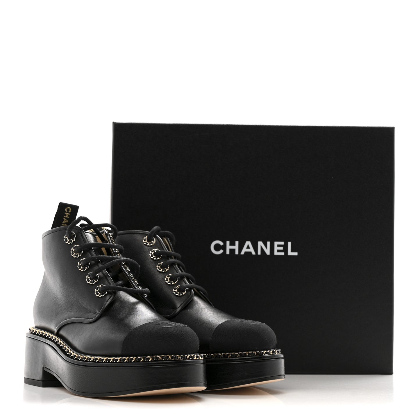 Calfskin Grosgrain Chain Lace Up CC Short Boots 37.5 Black
