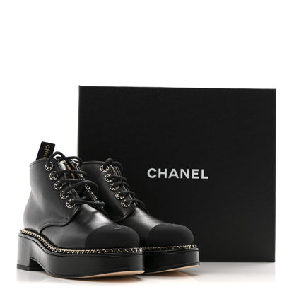 Chanel Calfskin Grosgrain Chain Lace Up CC Short Boots 37.5 Black 11 of 11