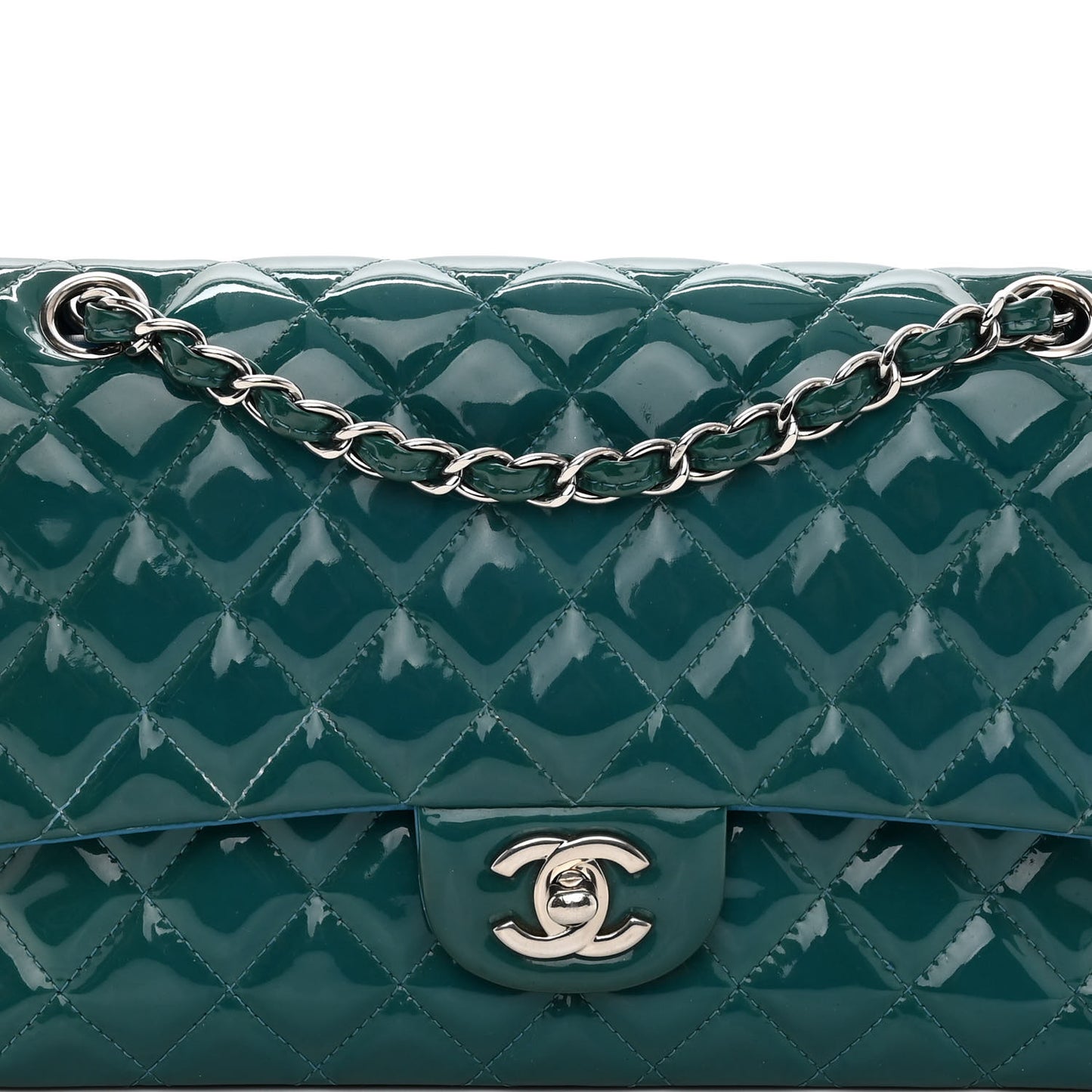 Patent Quilted Medium Double Flap Turquoise