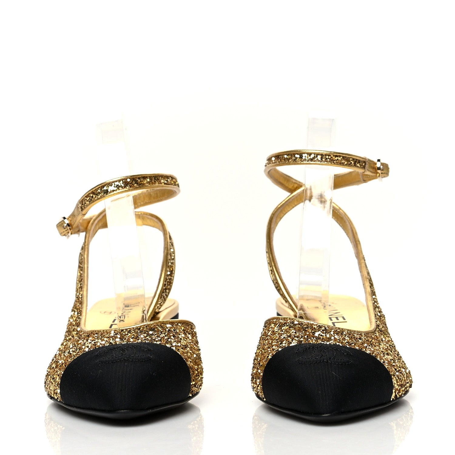 Chanel Glitter Grosgrain Cap Toe CC Ankle Wrap Pumps 38 Gold Black 2 of 8
