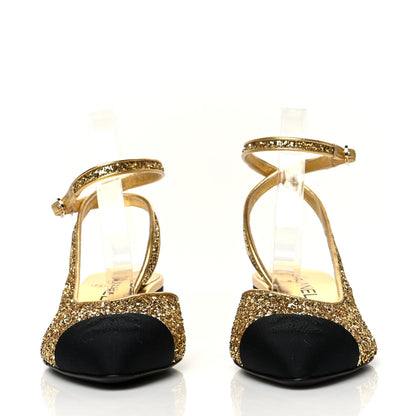 Chanel Glitter Grosgrain Cap Toe CC Ankle Wrap Pumps 38 Gold Black 2 of 8