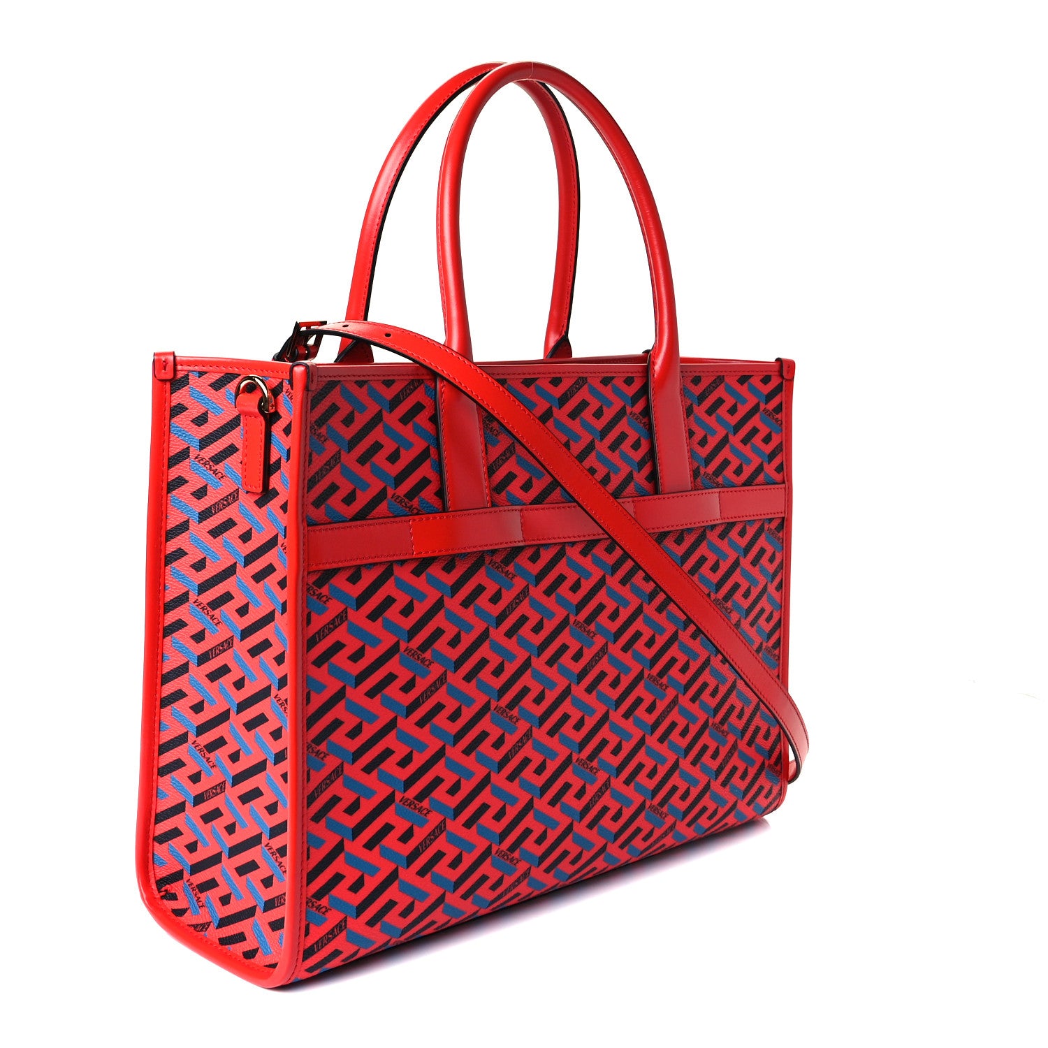 Versace Coated Canvas Calfskin La Greca Signature Tote Bag Blue Red 4 of 9