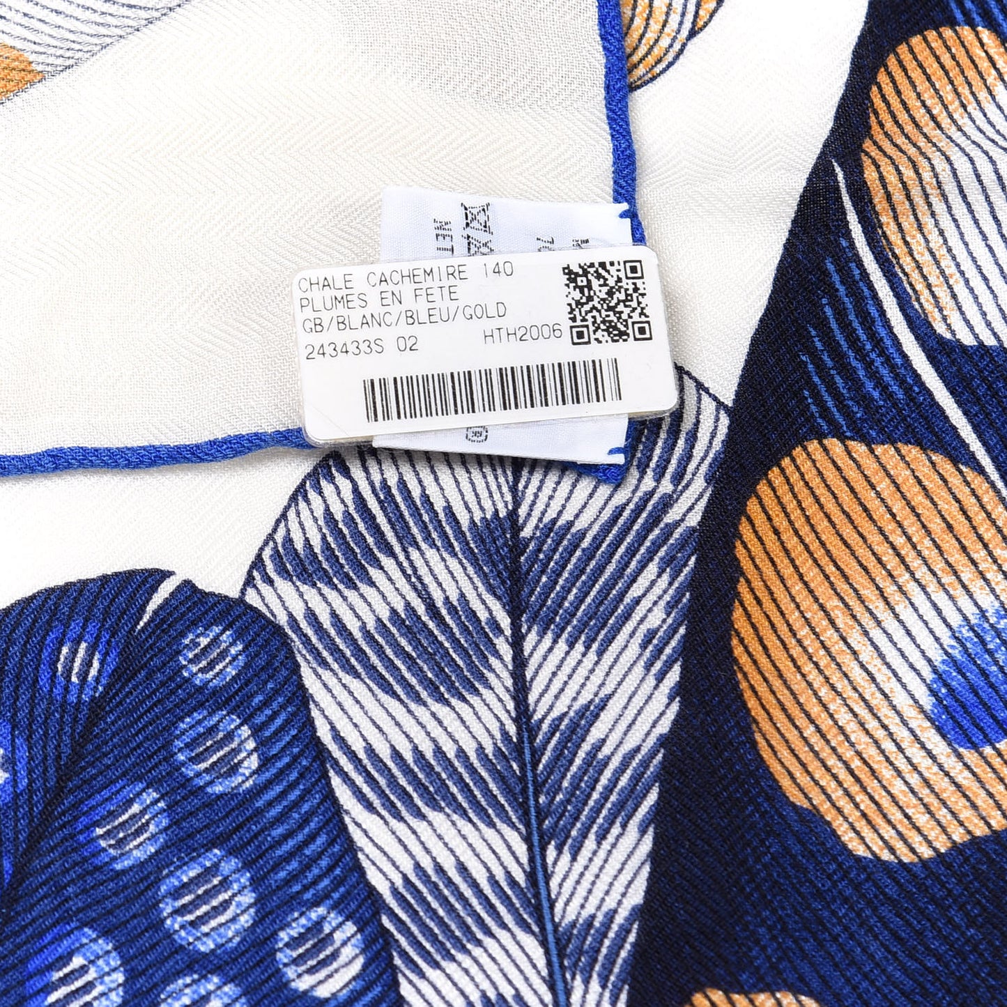 Cashmere Silk Plumes En Fete Shawl 140 White Bleu Gold