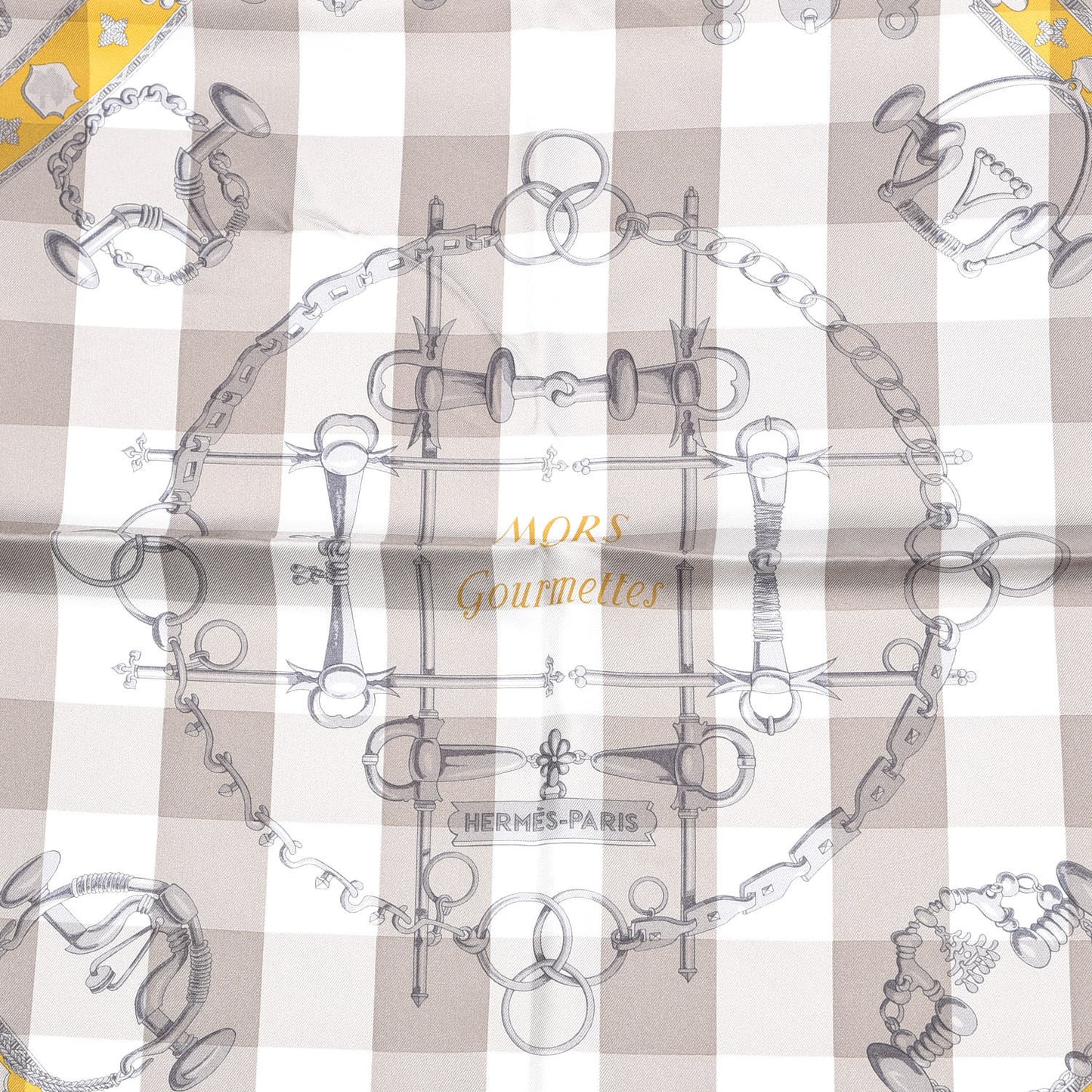 Silk Mors et Gourmettes Vichy Scarf 90 Etoupe Jaune Vif White