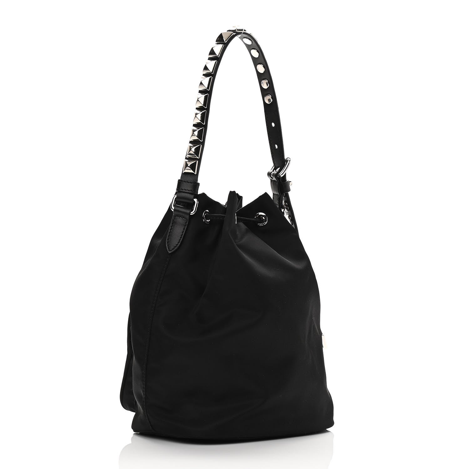 Prada Tessuto Nylon Studded New Vela Mini Bucket Crossbody Bag Black 2 of 9