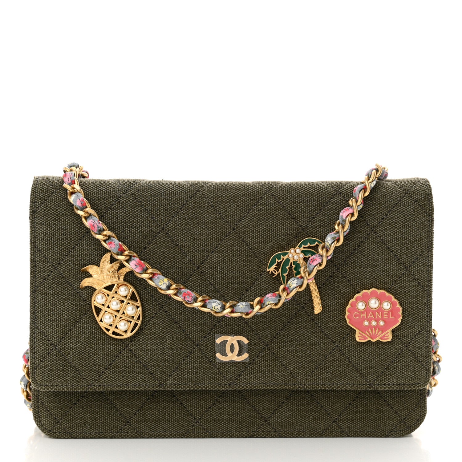 Chanel Canvas Quilted Coco Cuba Charms Wallet on Chain WOC Khaki 1 of 11