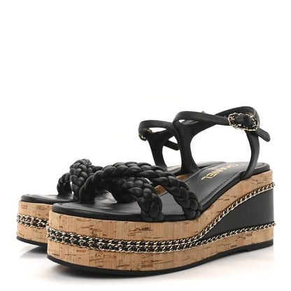 Chanel Lambskin Espadrille Braided Platform Sandals 38.5 Black 4 of 10