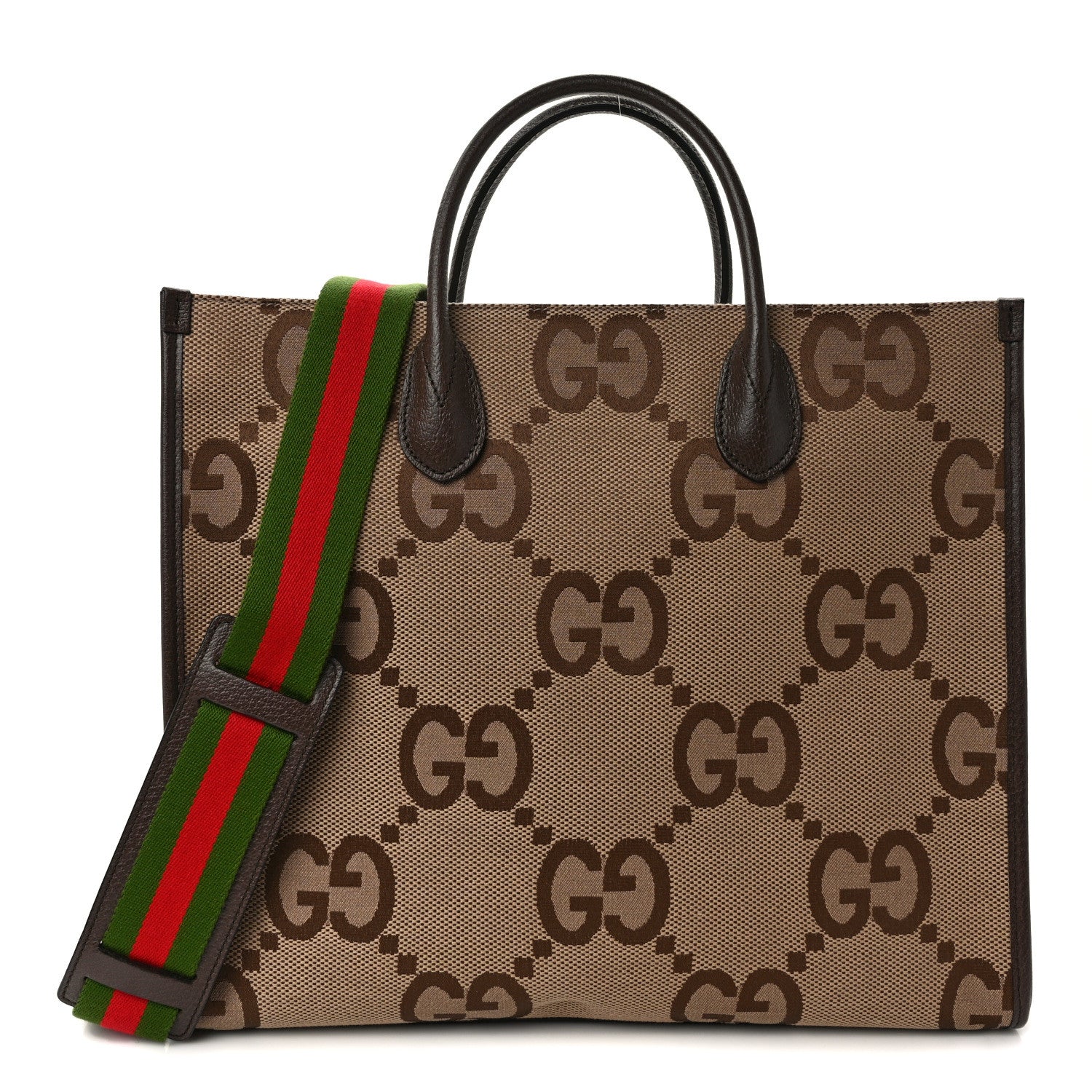 Gucci Monogram Jumbo GG Textured Dollar Calfskin Web Tote Bag Camel Ebony New Acero 1 of 12