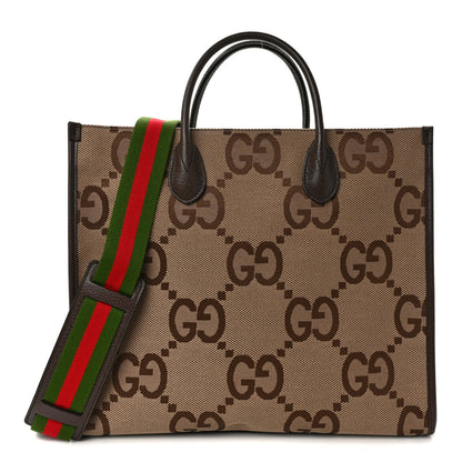 Gucci Monogram Jumbo GG Textured Dollar Calfskin Web Tote Bag Camel Ebony New Acero 1 of 12