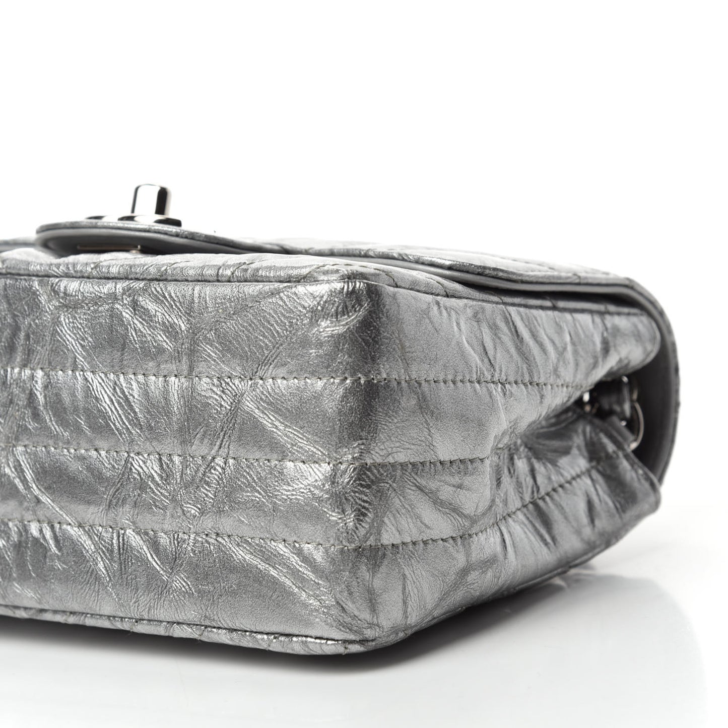 Metallic Patent Crumpled Calfskin Chevron Quilted Mini Square Flap Silver