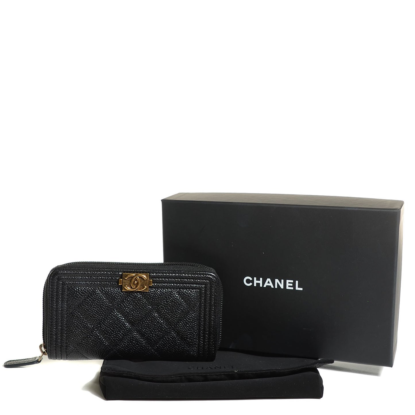 Caviar Quilted Boy Small Zip Around Wallet Black