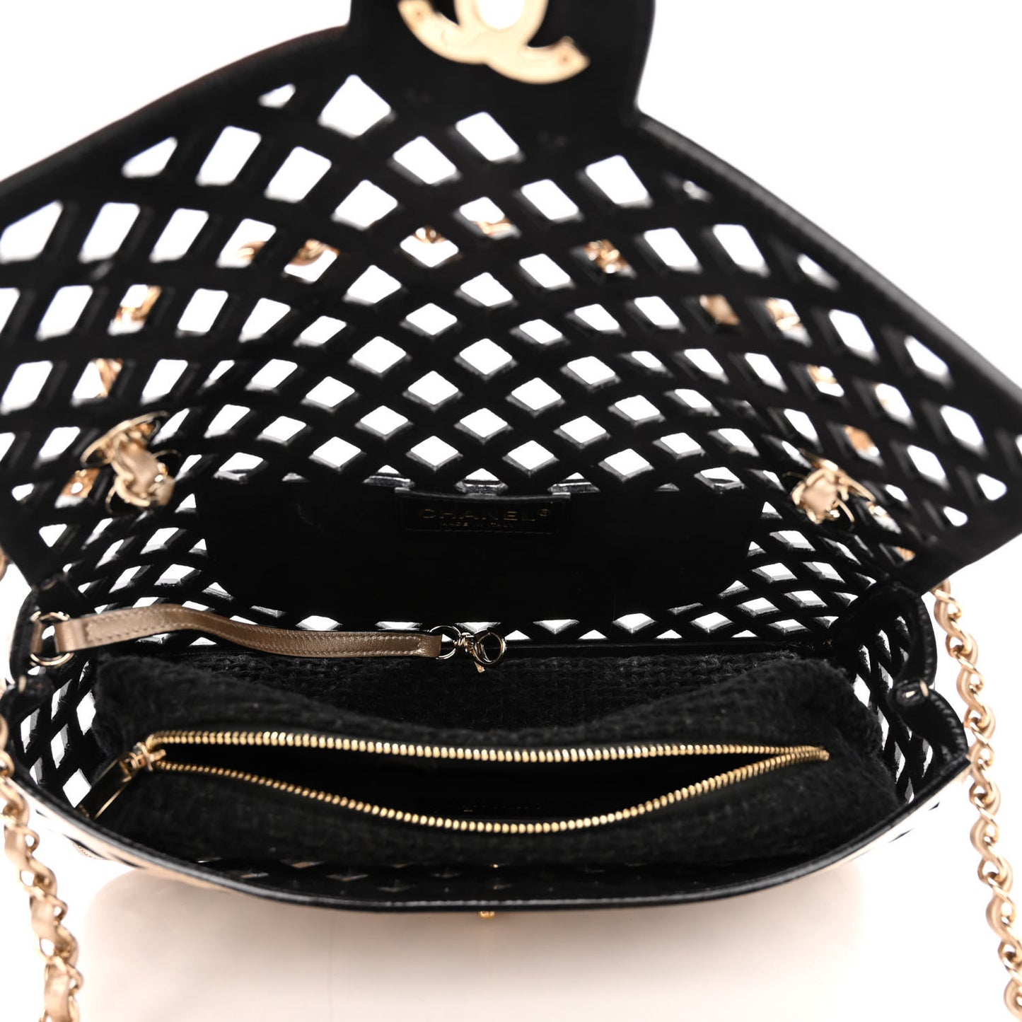 Metallic Lambskin Sea Through Flap Gold Black