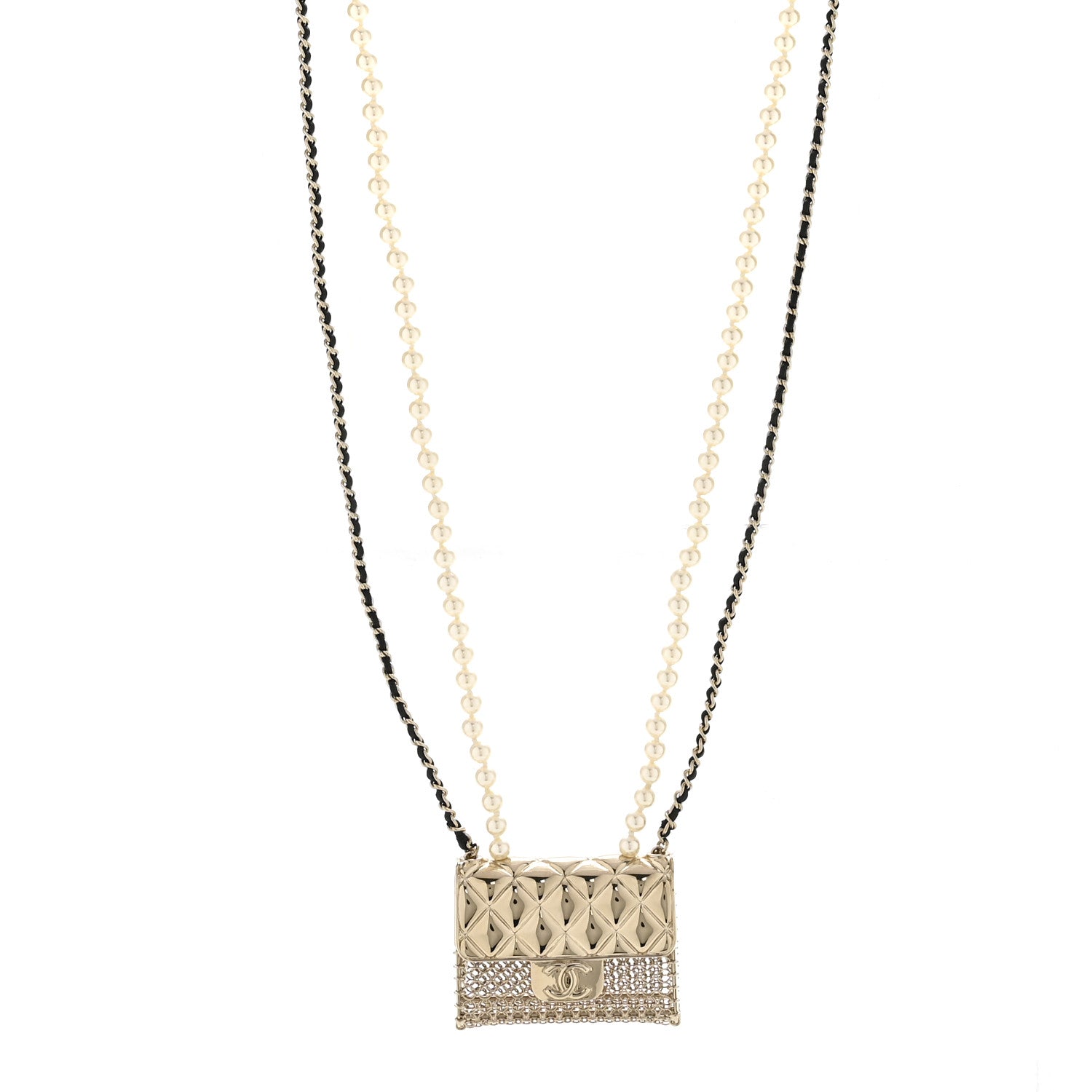 Chanel Metal Lambskin Pearl Chain Flap Bag Long Necklace Gold Black Pearly White 1 of 7