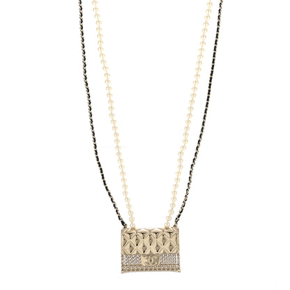 Chanel Metal Lambskin Pearl Chain Flap Bag Long Necklace Gold Black Pearly White 1 of 7