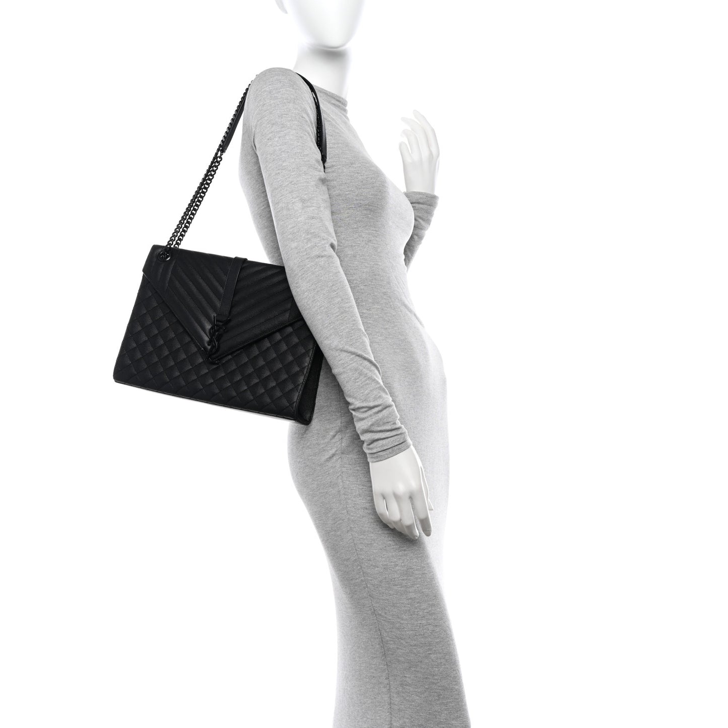 Grain De Poudre Textured Mixed Matelasse Large Triquilt Monogram Monochrome Satchel Black