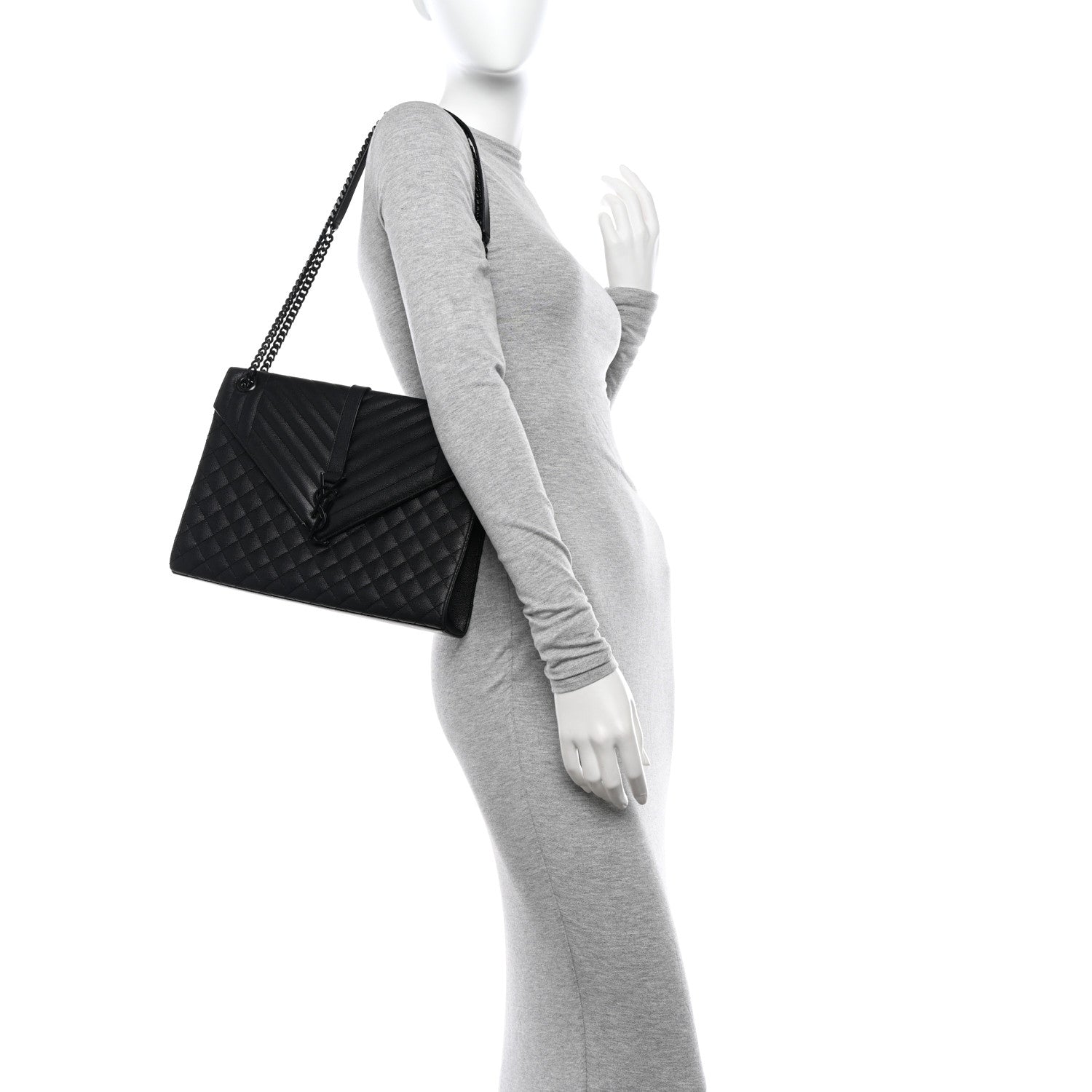 Saint Laurent Grain De Poudre Textured Mixed Matelasse Large Triquilt Monogram Monochrome Satchel Black 3 of 12