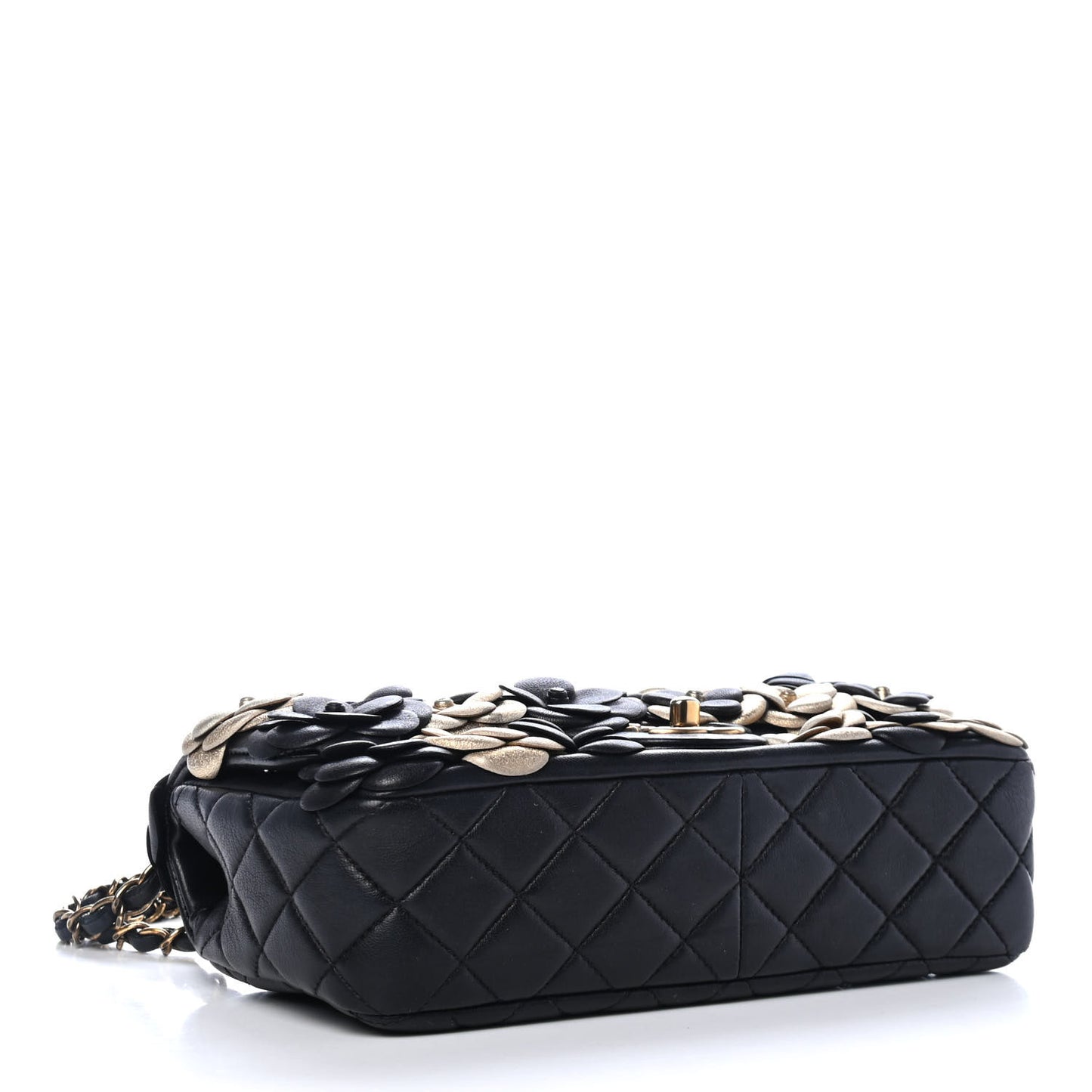 Metallic Lambskin Quilted Medium Camellia Flap Black Gold
