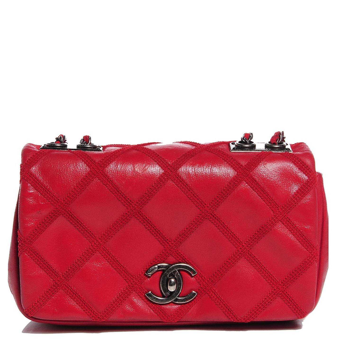 Iridescent Calfskin Diamond Embroidered Small Flap Red
