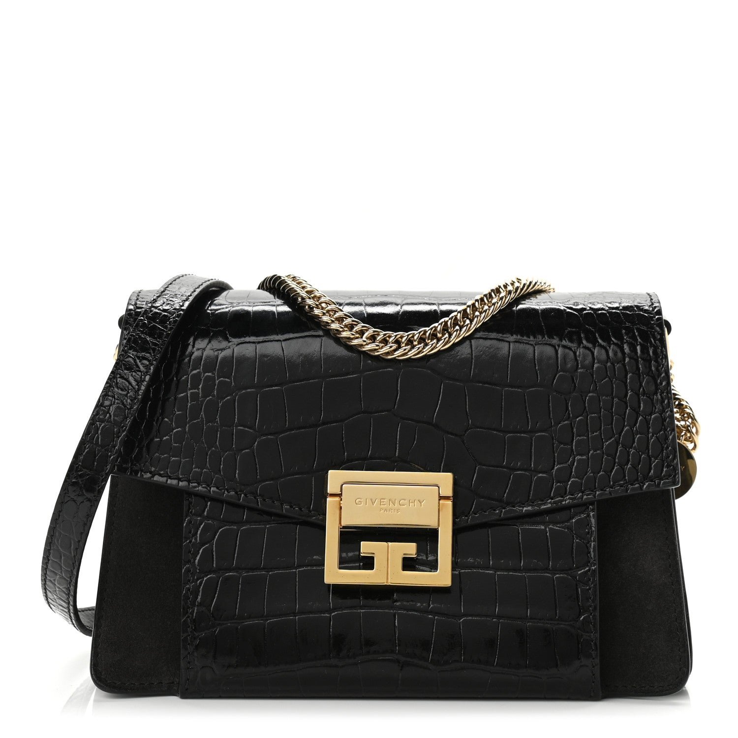 Givenchy Calfskin Crocodile Embossed Suede Small GV3 Shoulder Bag Black 1 of 9