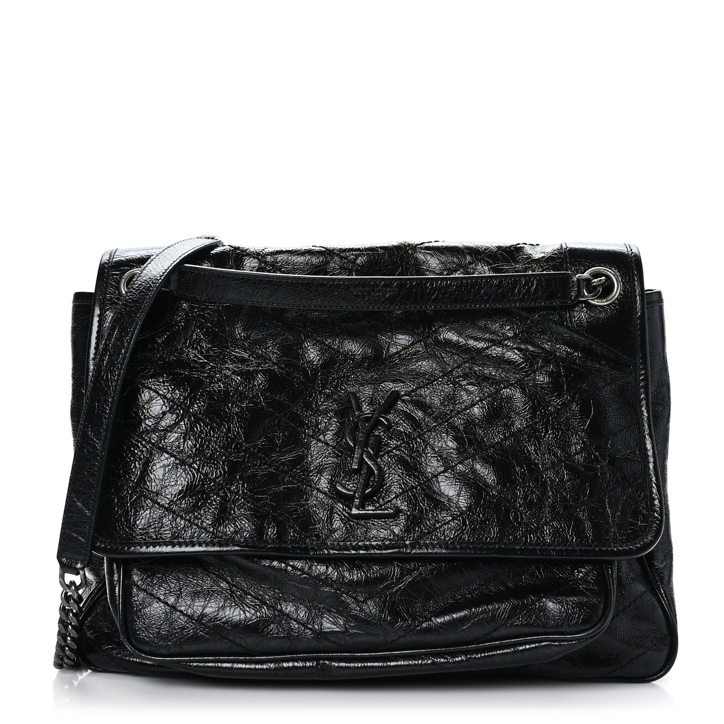 Crinkled Calfskin Matelasse Monogram Large Niki Chain Satchel Black