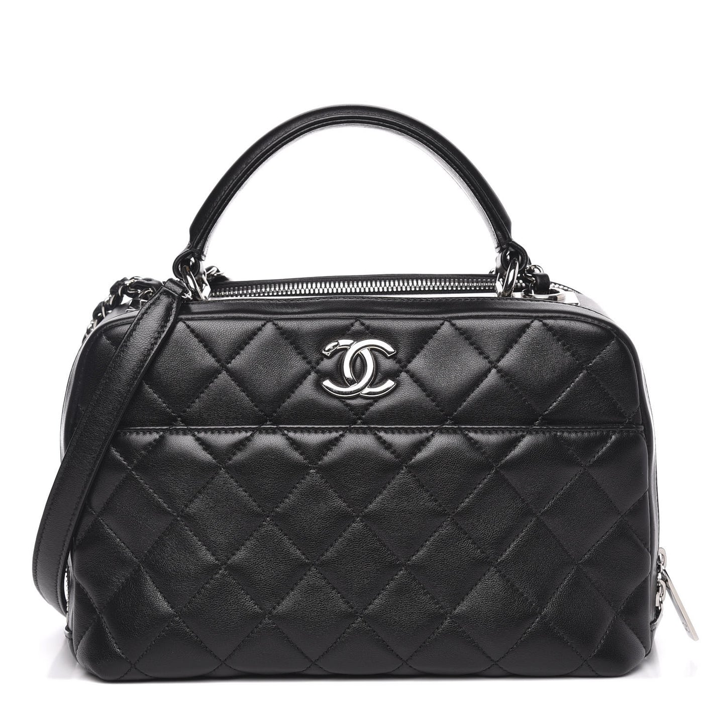Lambskin Quilted Small Trendy CC Bowling Bag Black
