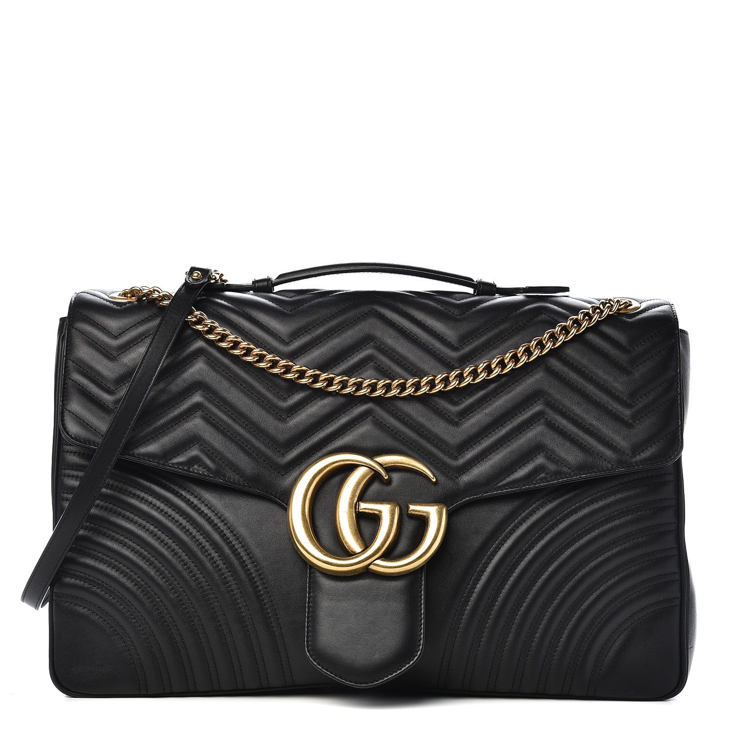Gucci Calfskin Matelasse Maxi GG Marmont Top Handle Shoulder Bag Black 1 of 16
