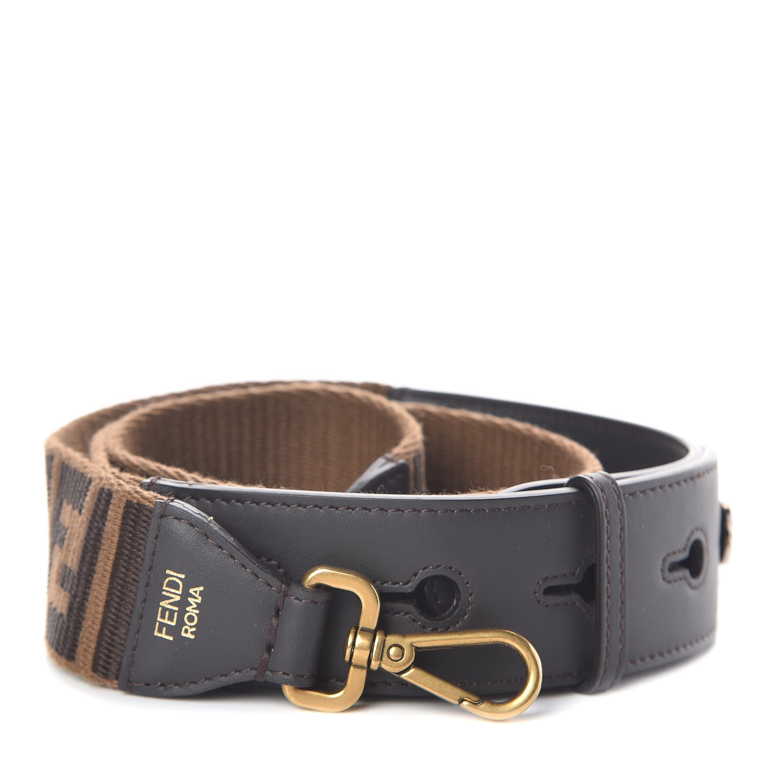 Fendi Ribbon Vitello Century FF 1974 Flat Studded Strap You Fango Marrone Ebano 1 of 3