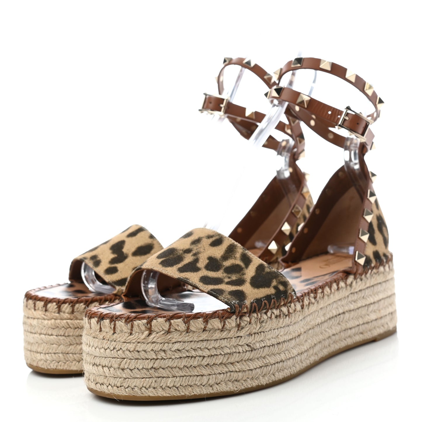 Canvas Leopard Print Rockstud Ankle Wrap Espadrille Flatform Sandals 39 Brown