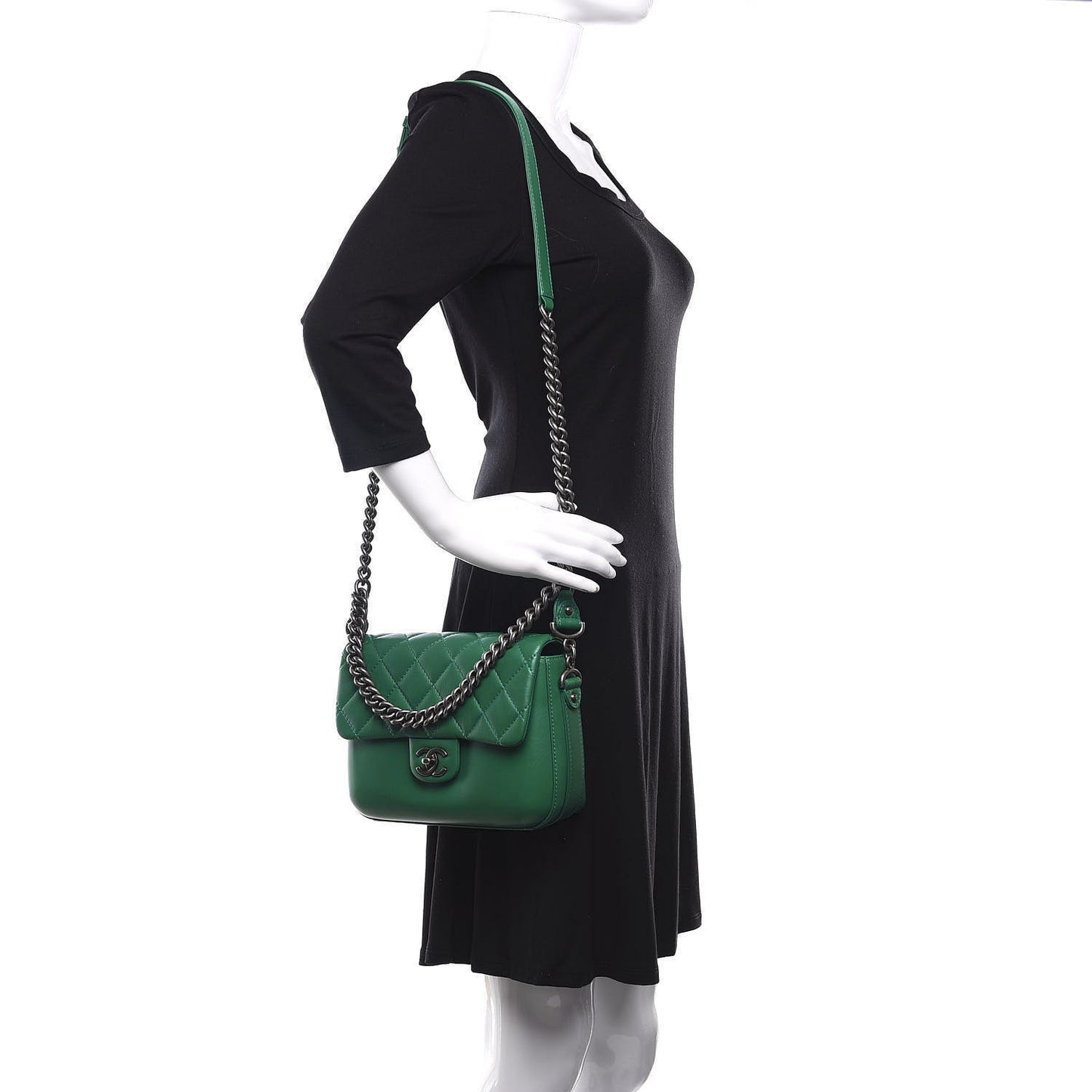 Calfskin Quilted Medium Rock My Shoulder Flap Green