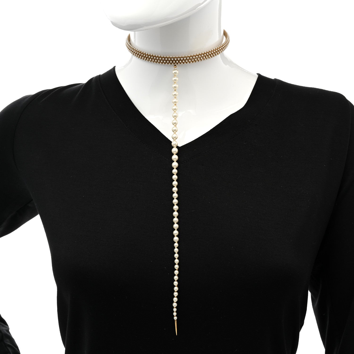 Christian Dior Pearl Metal Long Lariat Necklace Gold 2 of 9