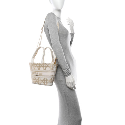 Christian Dior Canvas Cannage Embroidered Brocart Hat Basket Bag White Gold 2 of 12