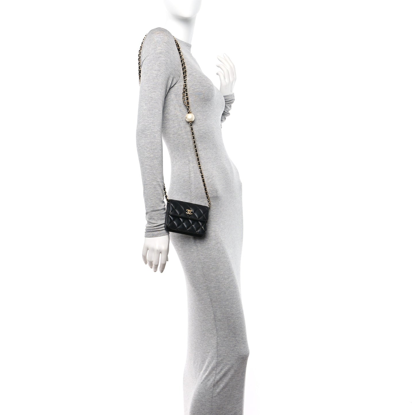 Lambskin Quilted Maxi Pearl Clutch With Chain Black