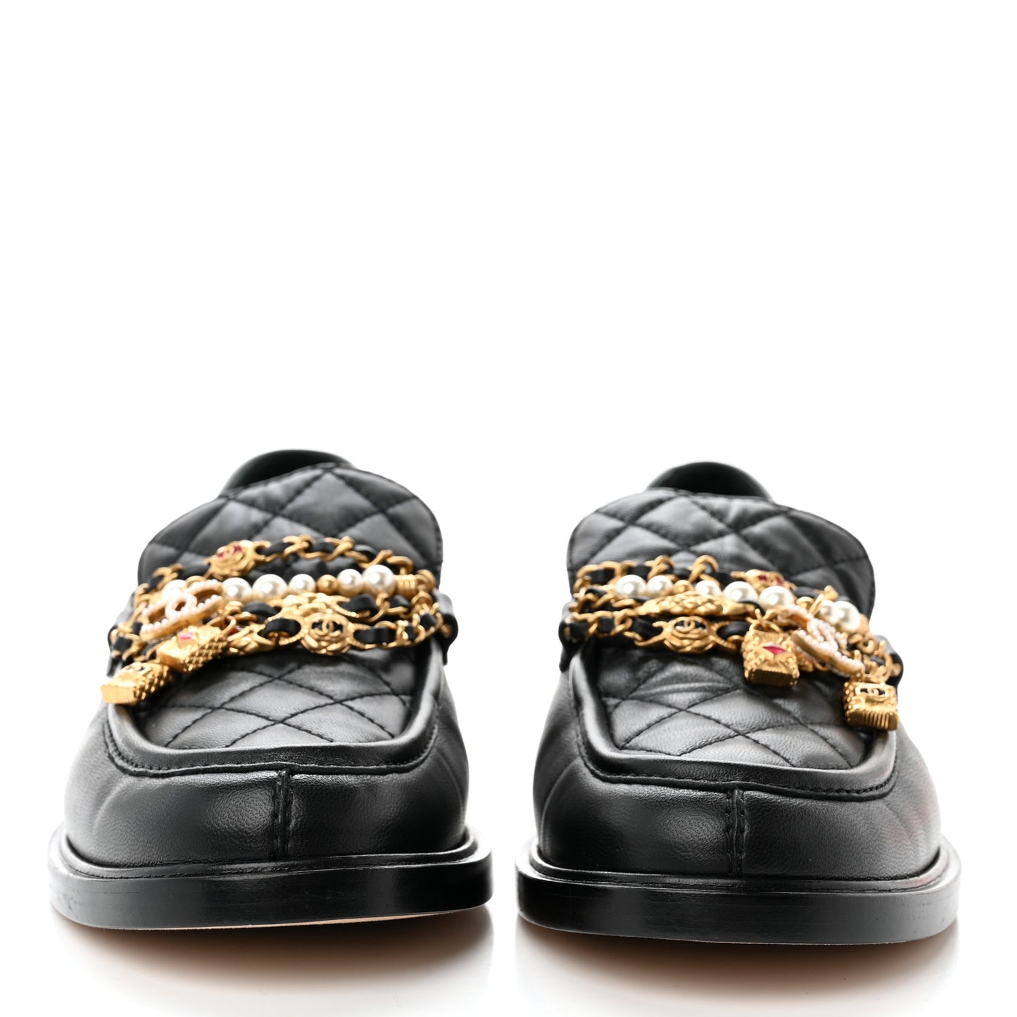 Lambskin Pearl Crystal Quilted CC Logo Jewelry Loafers 39 Black