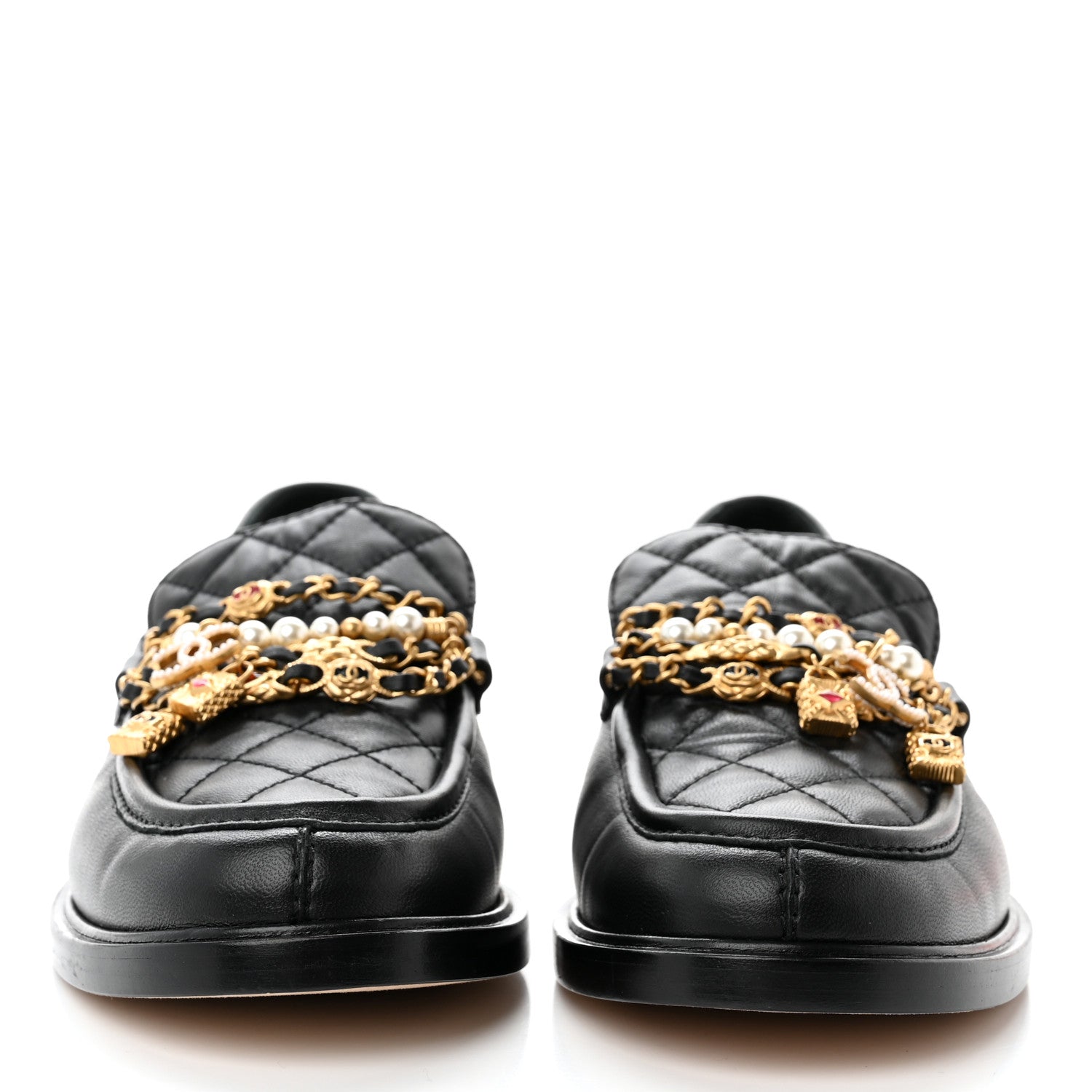 Chanel Lambskin Pearl Crystal Quilted CC Logo Jewelry Loafers 39 Black 2 of 9