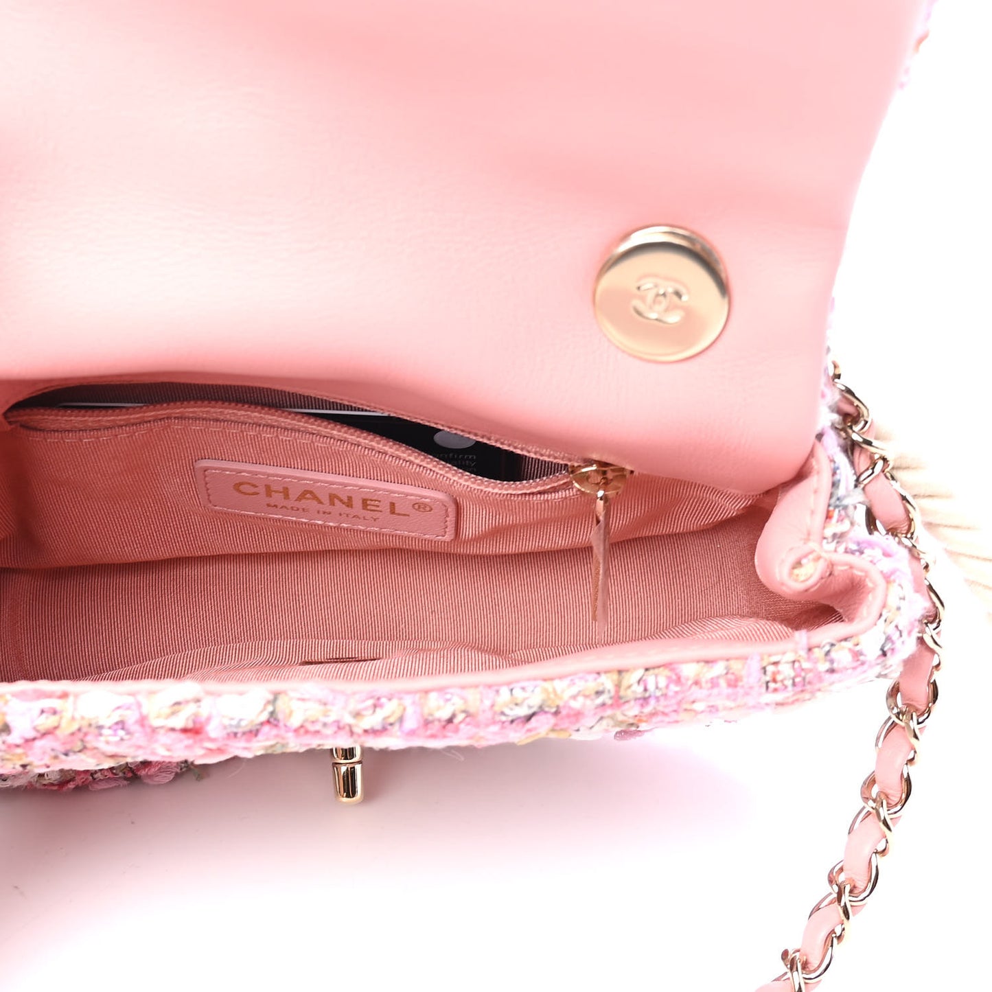 Tweed Mini Pearl Handle Flap Pink Beige Orange Ecru