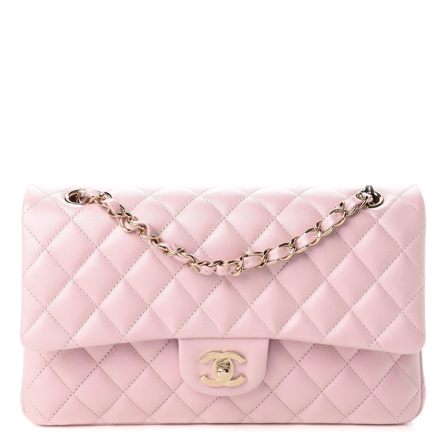 Iridescent Calfskin Quilted Medium Double Flap Light Pink