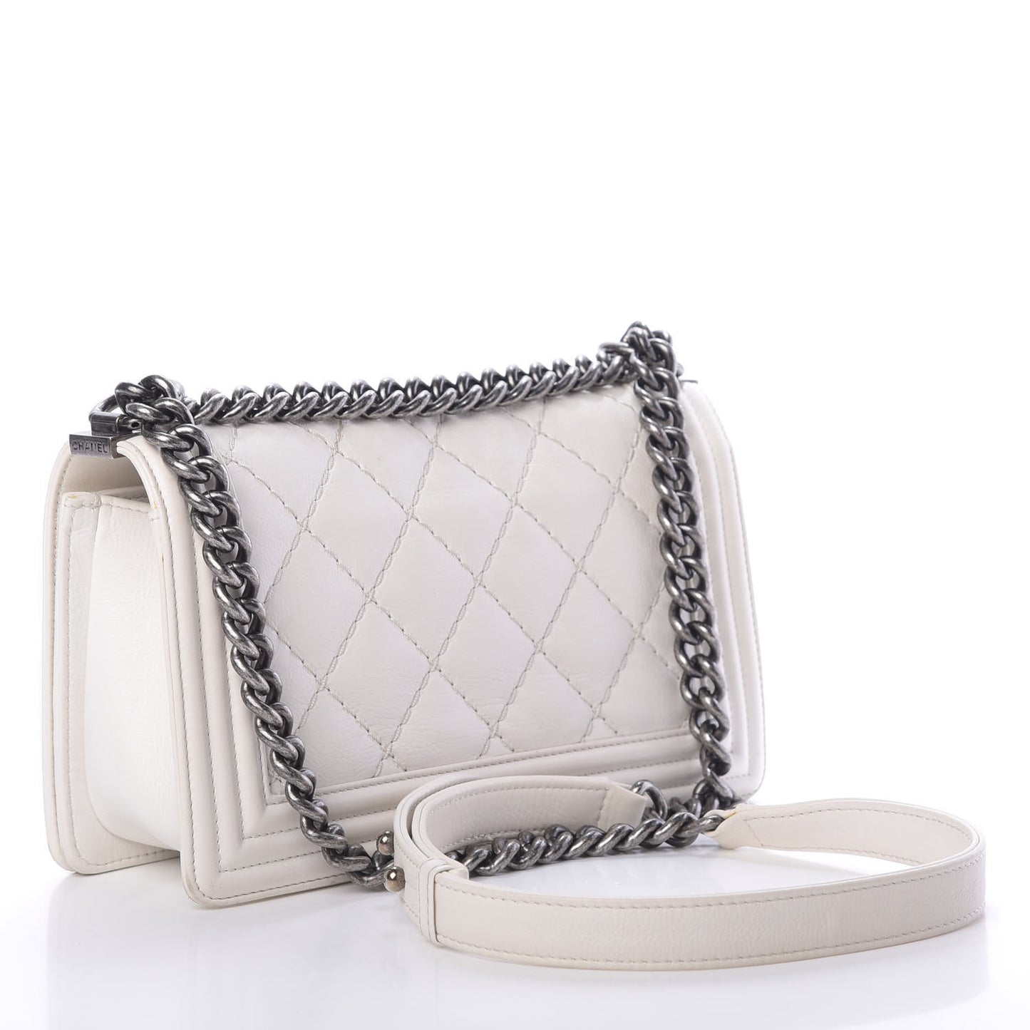 Calfskin Double Stitch Medium Boy Flap White