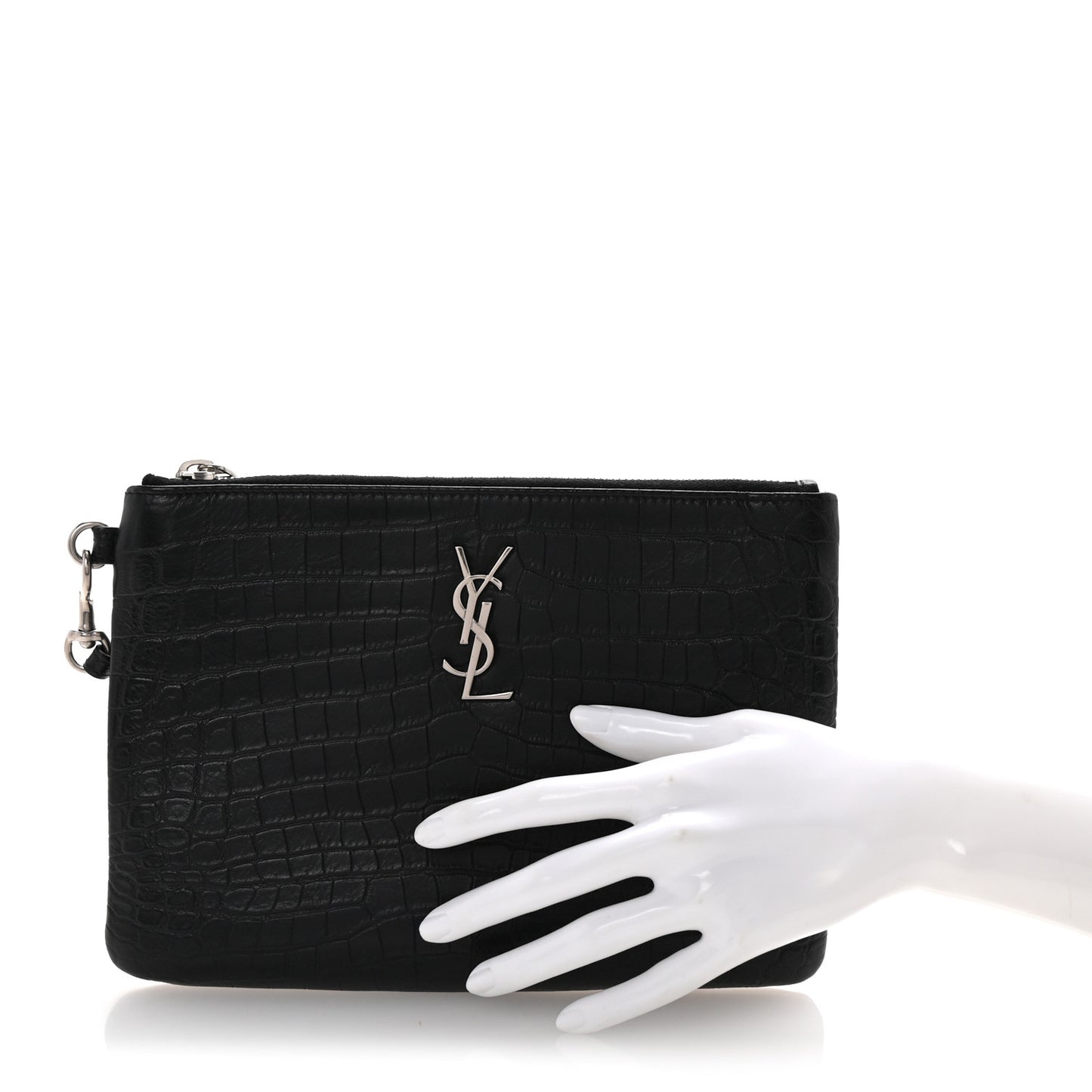 Calfskin Crocodile Embossed Monogram Zip Pouch Black