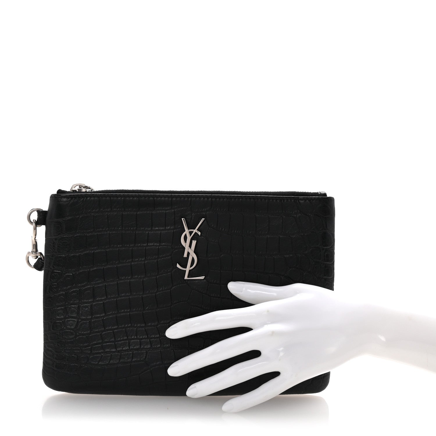 Saint Laurent Calfskin Crocodile Embossed Monogram Zip Pouch Black 2 of 7