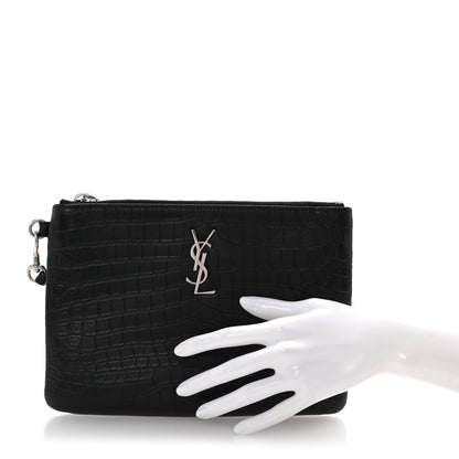 Saint Laurent Calfskin Crocodile Embossed Monogram Zip Pouch Black 2 of 7