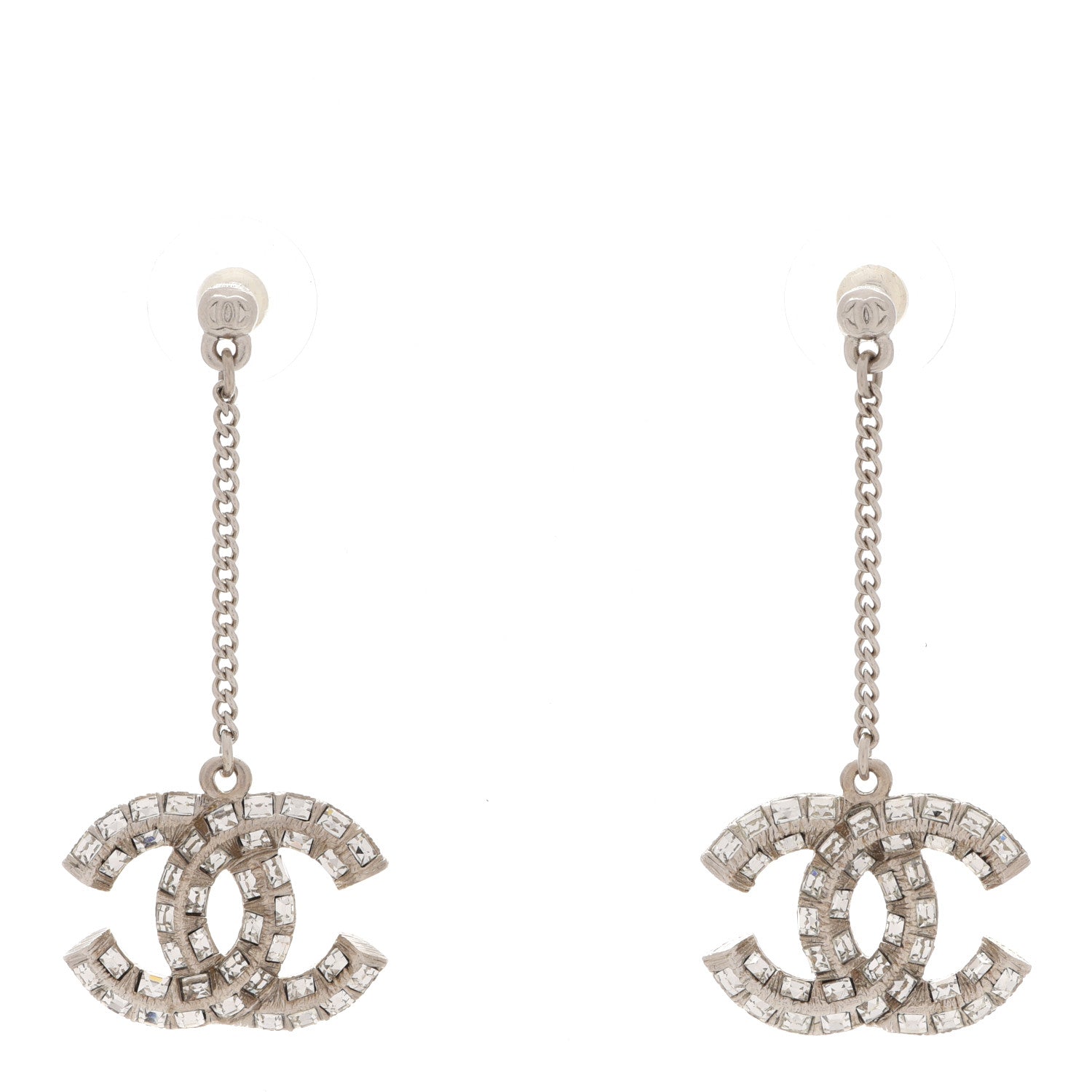 Chanel Baguette Crystal CC Drop Earrings Silver 1 of 5