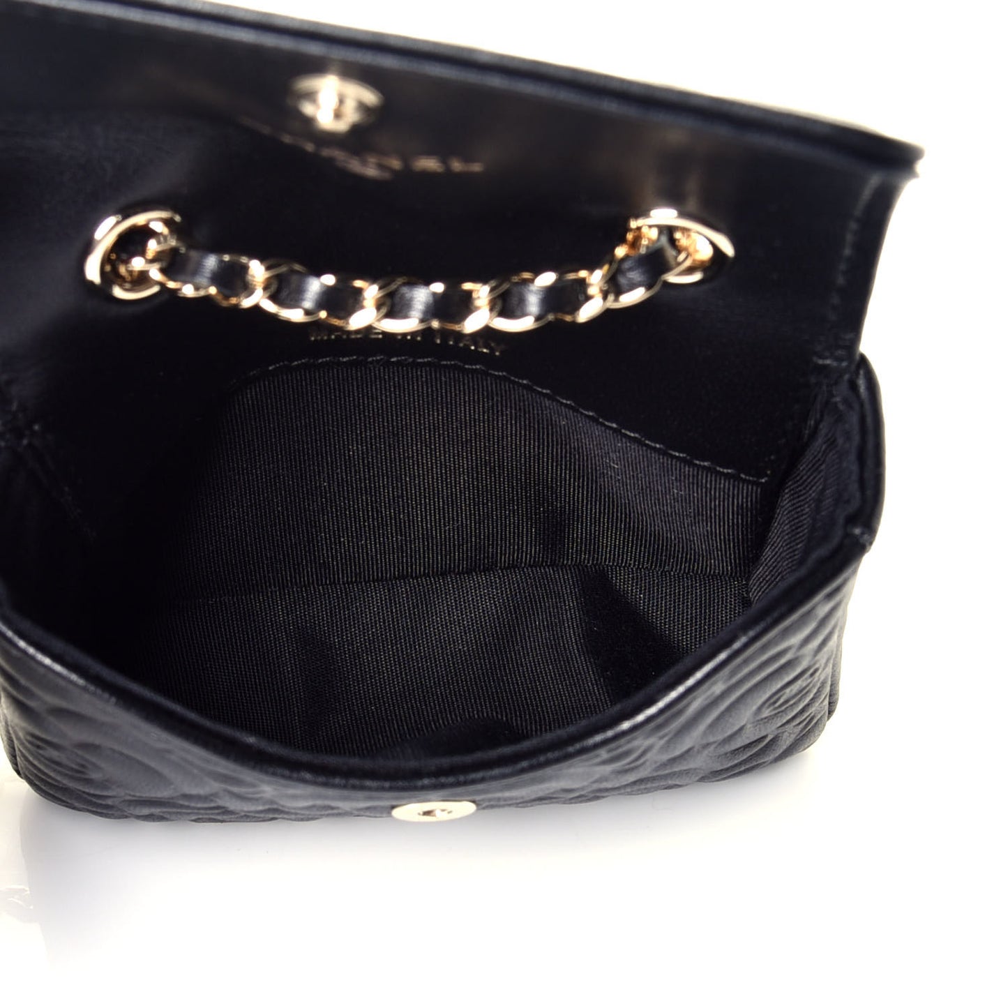 Lambskin Camellia Embossed Chain Belt Bag Black