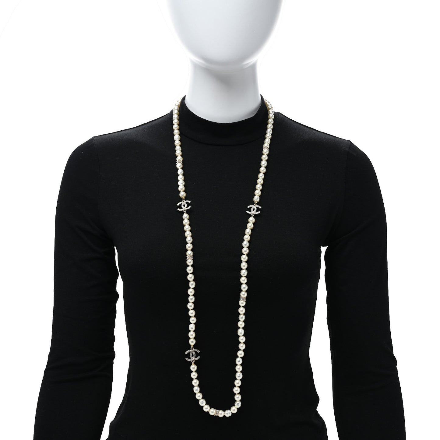 Pearl Crystal CC Long Necklace Gold